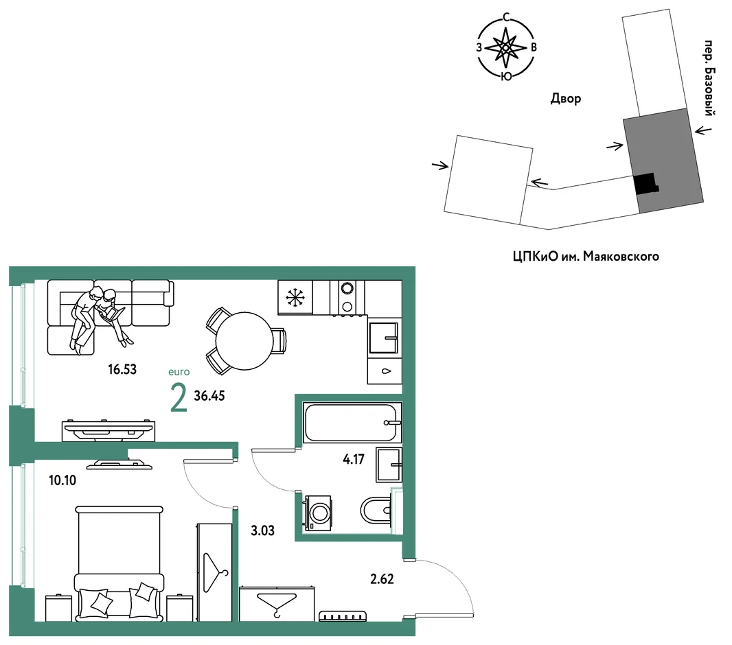 Планировка 2-комн. квартира, 36.45 м² ЖК «Сибирский сад»