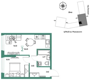 Планировка 2-комн. квартира, 36.45 м² ЖК «Сибирский сад»