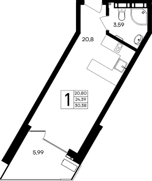 Планировка 1-комн. квартира, 30.38 м² Апарт-комплекс «Песок и море»