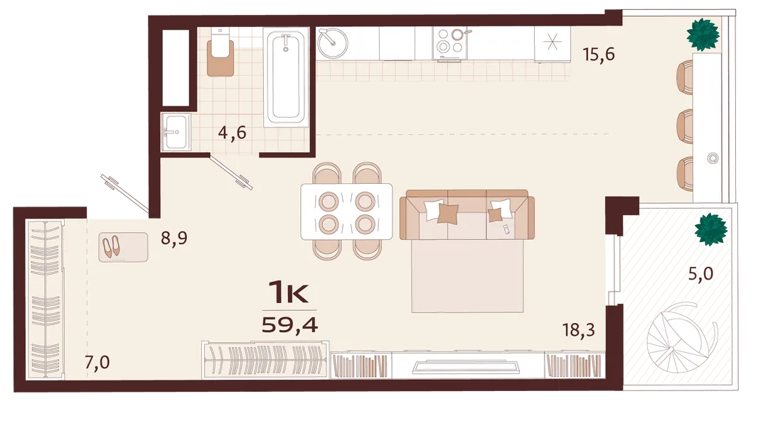 Планировка 1-комн. квартира, 59.4 м² ЖК «Роялта»