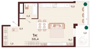 Планировка 1-комн. квартира, 59.4 м² ЖК «Роялта»