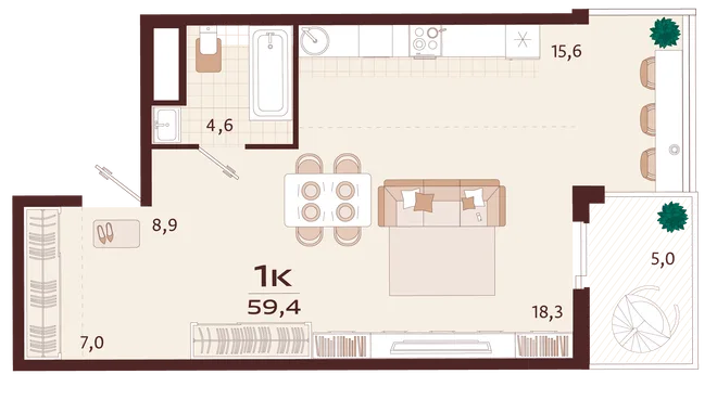 Планировка 1-комн. квартира, 59.4 м² ЖК «Роялта» Планировка 1-комн. квартира, 59.4 м² ЖК «Роялта»