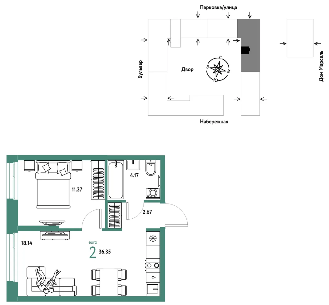 Планировка 2-комн. квартира, 36.35 м² ЖК «Европейский берег 2.0»