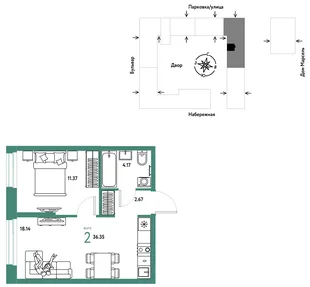 Планировка 2-комн. квартира, 36.35 м² ЖК «Европейский берег 2.0»