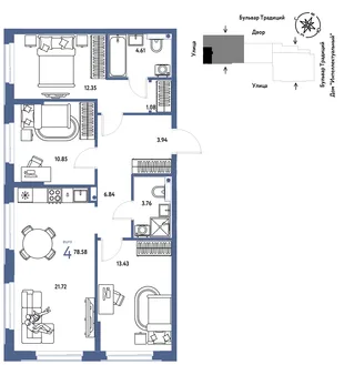 Планировка 4-комн. квартира, 78.58 м² ЖК «Микрорайон Домашний»
