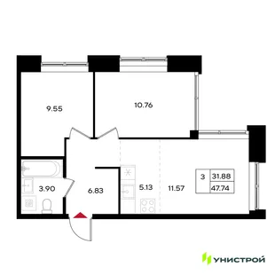 Планировка 3-комн. квартира, 47.74 м² ЖК «Уникум на Энгельса»