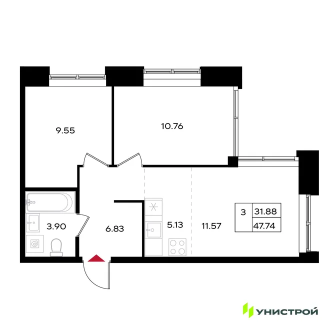 Планировка 3-комн. квартира, 47.74 м² ЖК «Уникум на Энгельса» Планировка 3-комн. квартира, 47.74 м² ЖК «Уникум на Энгельса»