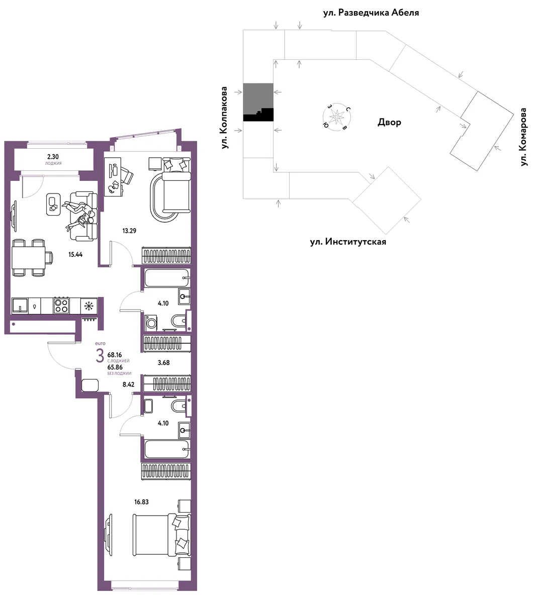 Планировка 3-комн. квартира, 68.16 м² ЖК «Страна.Парковая»