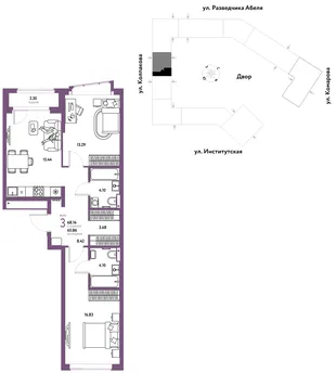 Планировка 3-комн. квартира, 68.16 м² ЖК «Страна.Парковая»