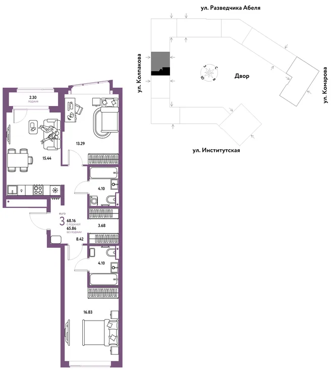 Планировка 3-комн. квартира, 68.16 м² ЖК «Страна.Парковая» Планировка 3-комн. квартира, 68.16 м² ЖК «Страна.Парковая»