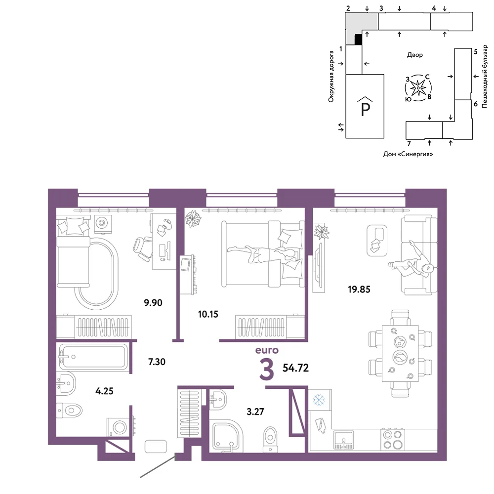 Планировка 3-комн. квартира, 54.72 м² ЖК «Юнион»
