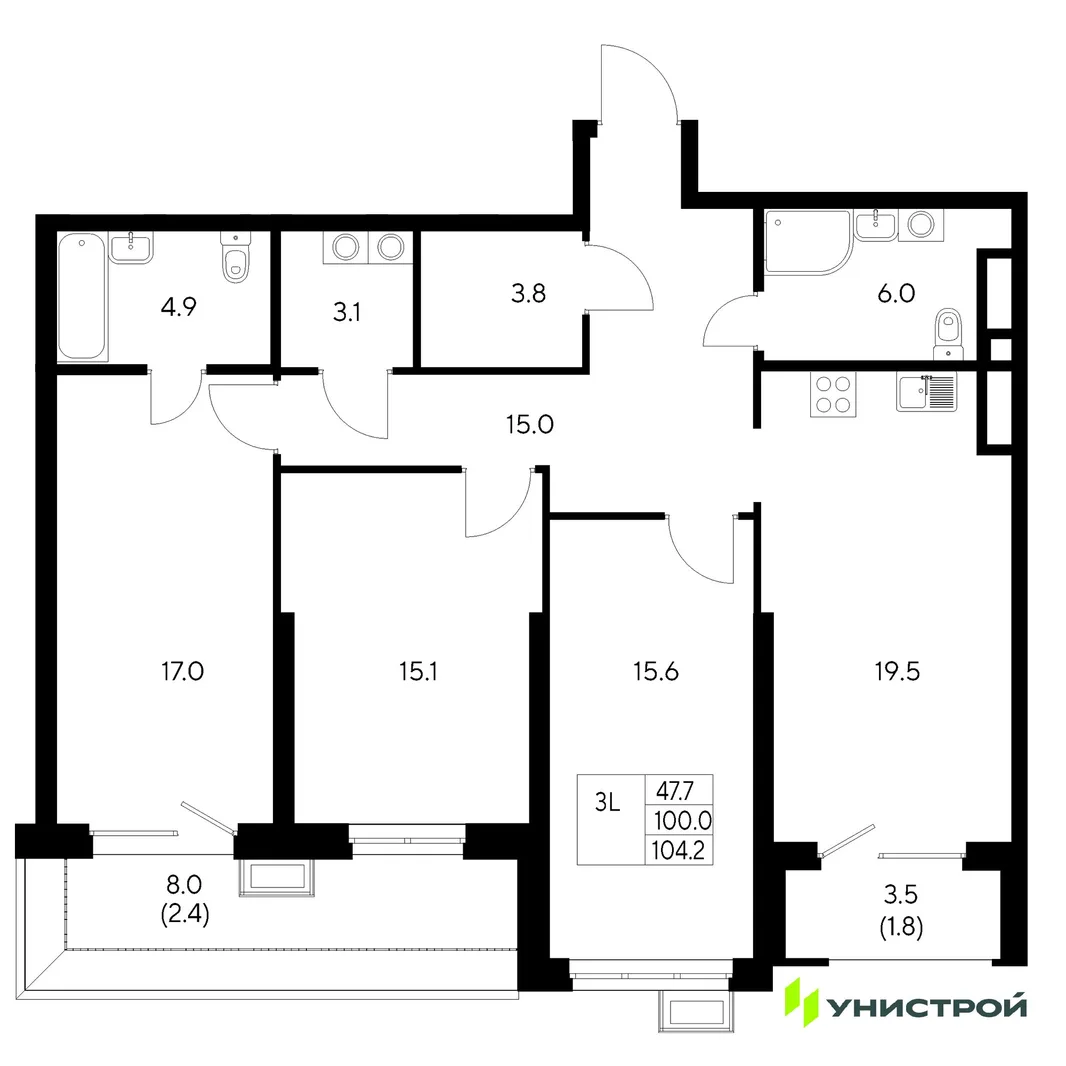 Планировка 3-комн. квартира, 104.2 м² ЖК «Стадиум»