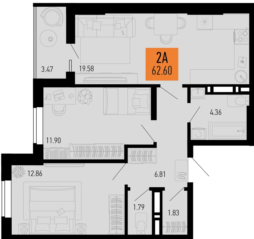 Планировка 2-комн. квартира, 62.6 м² ЖК «Столицыно»