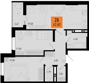 Планировка 2-комн. квартира, 62.6 м² ЖК «Столицыно»