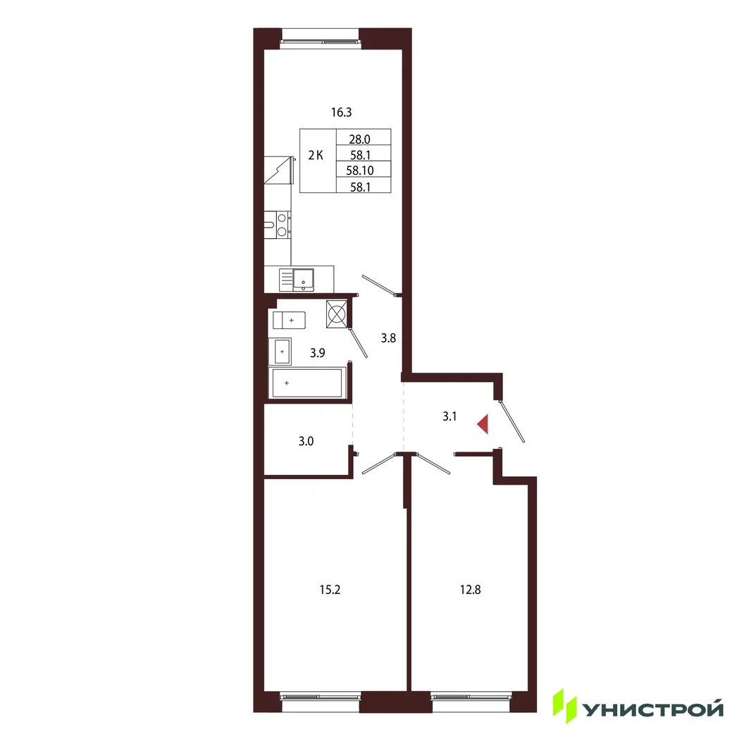 Планировка 2-комн. квартира, 58.1 м² ЖК «Лисино»