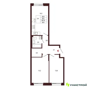 Планировка 2-комн. квартира, 58.1 м² ЖК «Лисино»