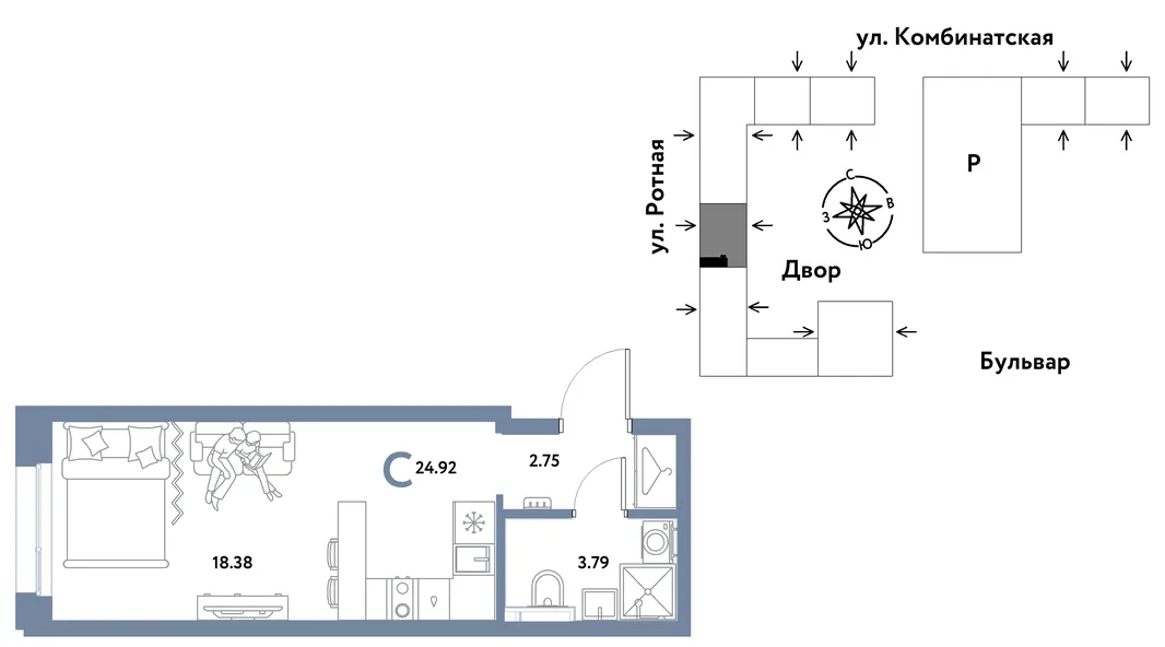 Планировка Студия, 24.81 м² ЖК «Уральский сад»