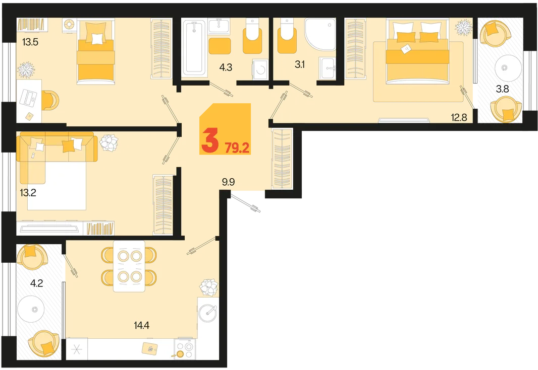 Планировка 3-комн. квартира, 79.2 м² ЖК «Первое место»