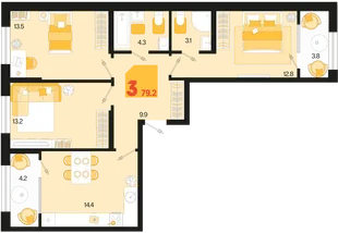 Планировка 3-комн. квартира, 79.2 м² ЖК «Первое место»