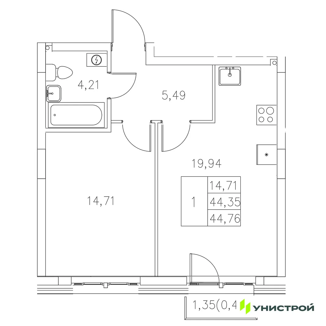 Планировка 1-комн. квартира, 44.76 м² ЖК «Statum»
