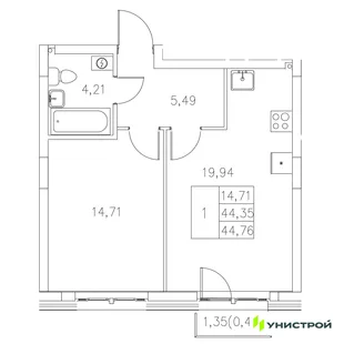 Планировка 1-комн. квартира, 44.76 м² ЖК «Statum»