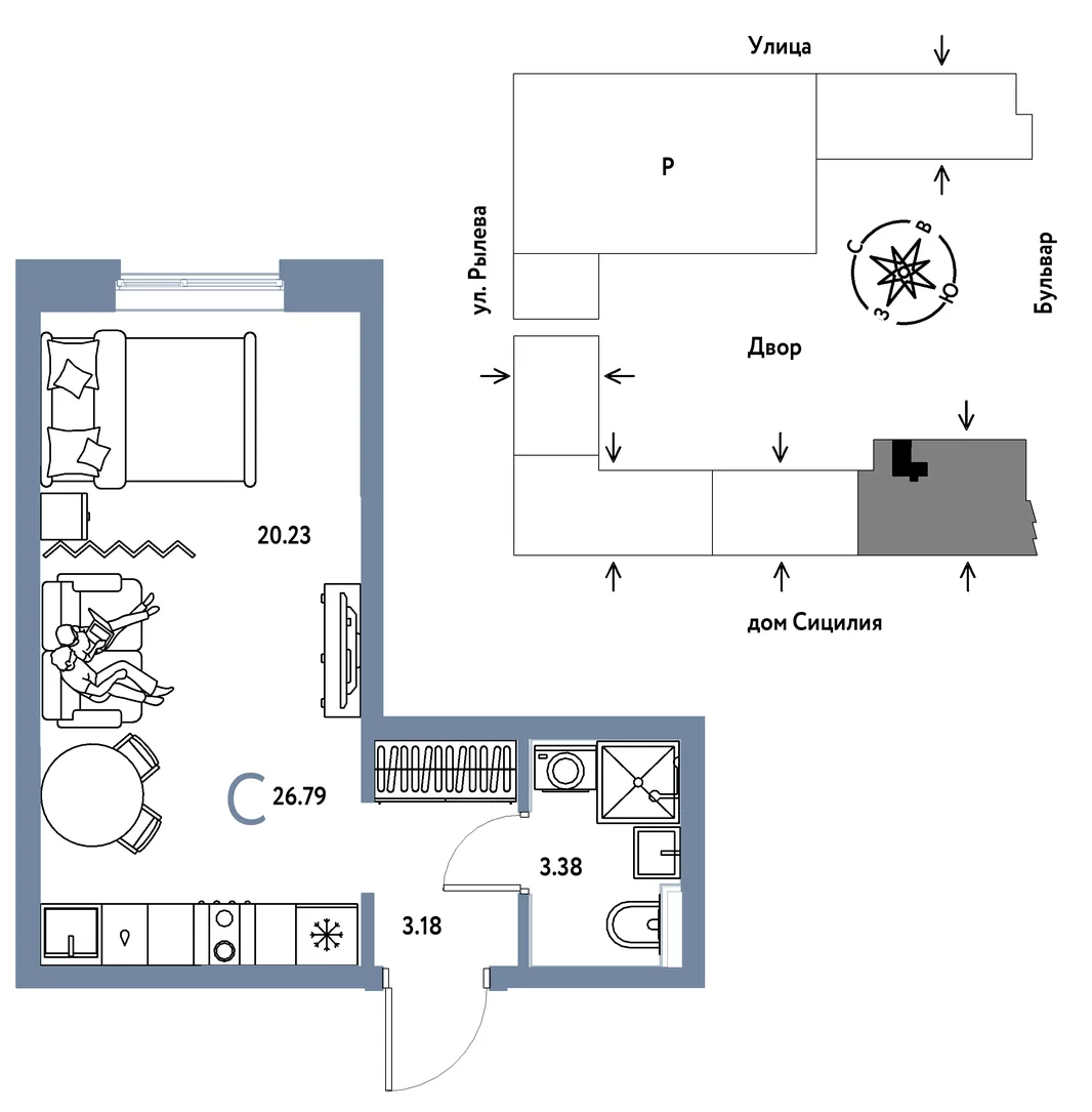 Планировка Студия, 26.79 м² ЖК «Остров-сад»