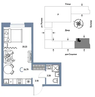 Планировка Студия, 26.79 м² ЖК «Остров-сад»