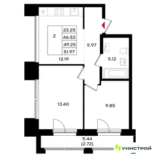 Планировка 2-комн. квартира, 49.35 м² ЖК «Уникум на Энгельса»