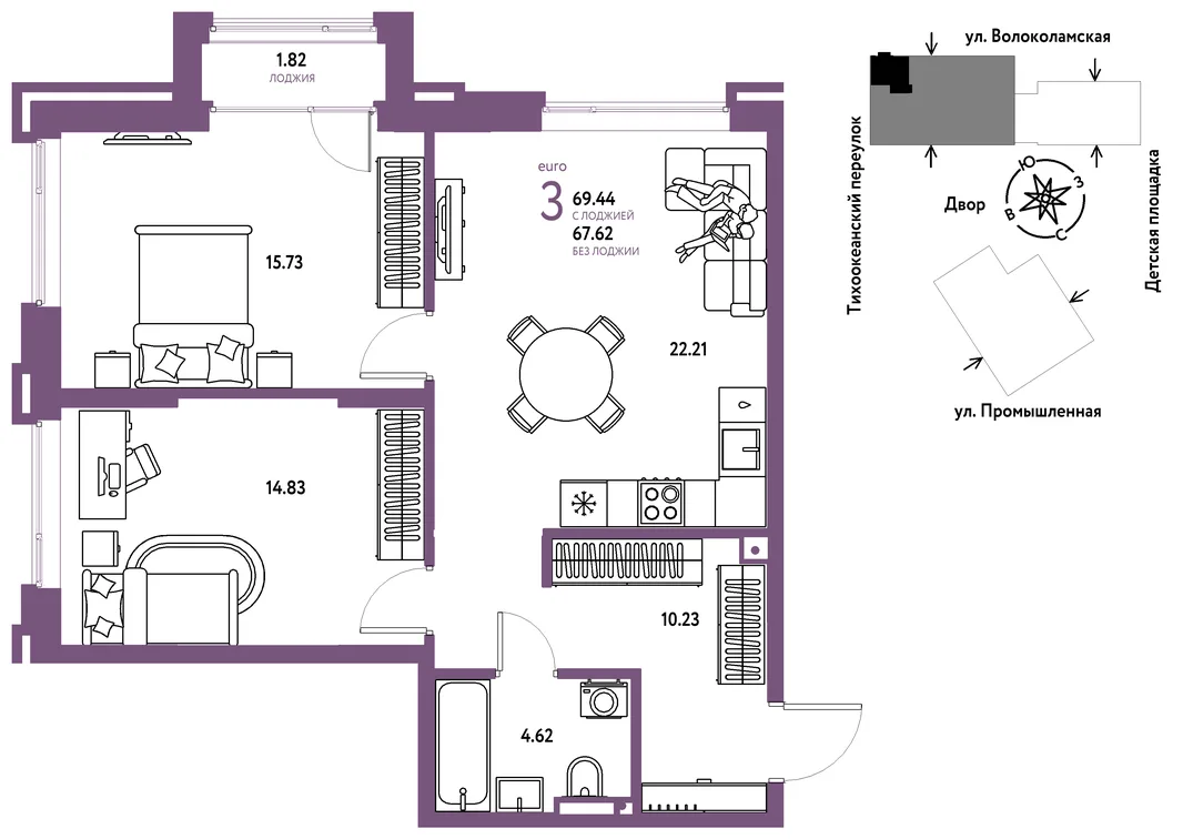 Планировка 3-комн. квартира, 69.44 м² ЖК «Страна Прибрежная»