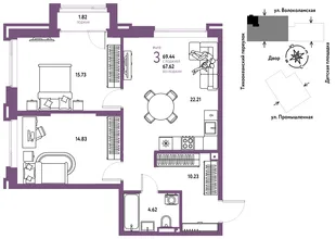 Планировка 3-комн. квартира, 69.44 м² ЖК «Страна Прибрежная»