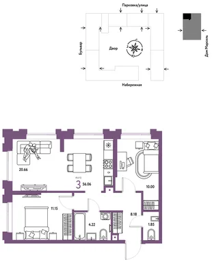 Планировка 3-комн. квартира, 56.06 м² ЖК «Европейский берег 2.0»