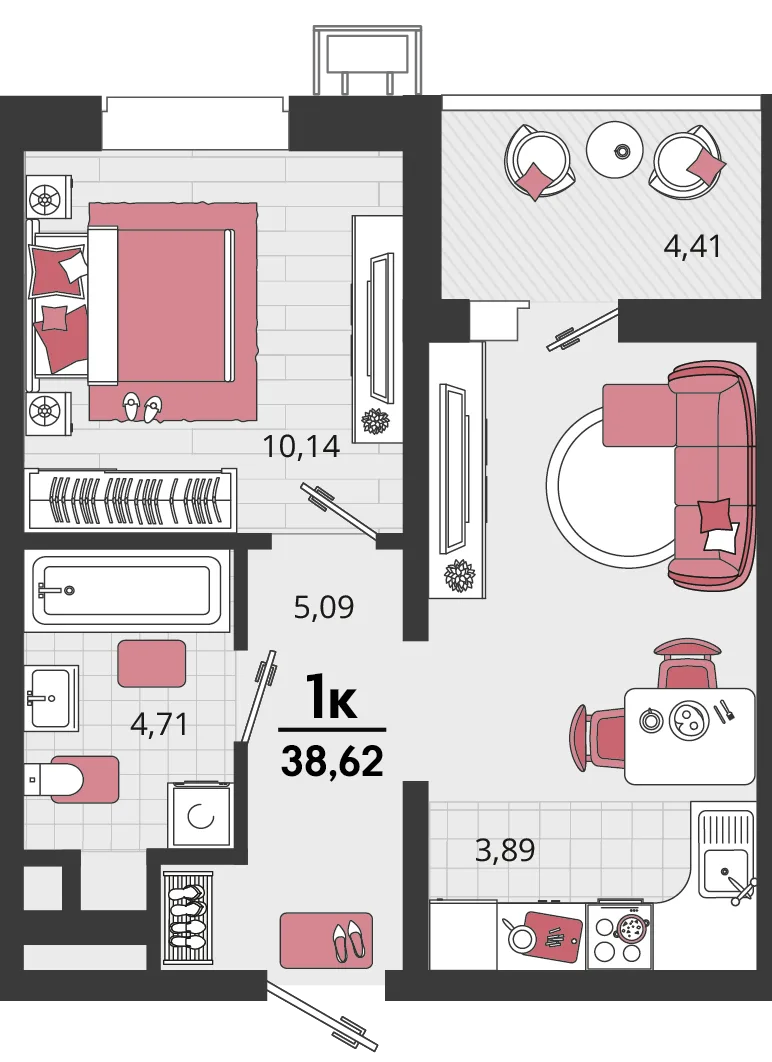 Планировка 2-комн. квартира, 38.62 м² ЖК «Родные просторы»