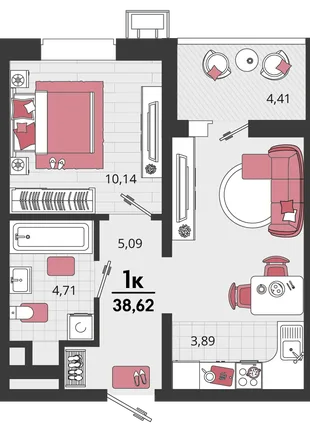 Планировка 2-комн. квартира, 38.62 м² ЖК «Родные просторы»