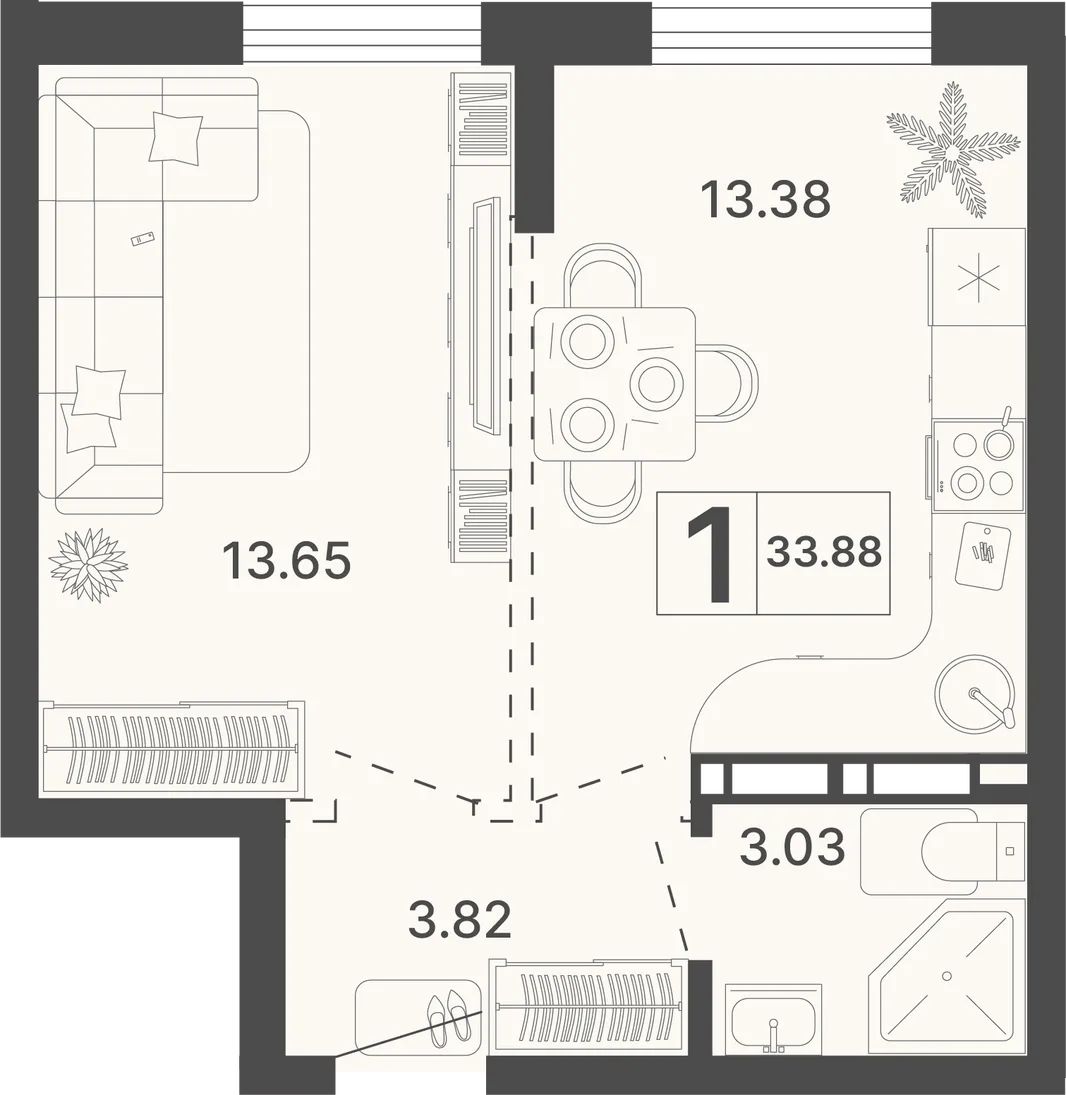 Планировка 1-комн. квартира, 33.88 м² ЖК «Светский лес»