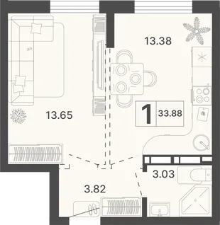 Планировка 1-комн. квартира, 33.88 м² ЖК «Светский лес»
