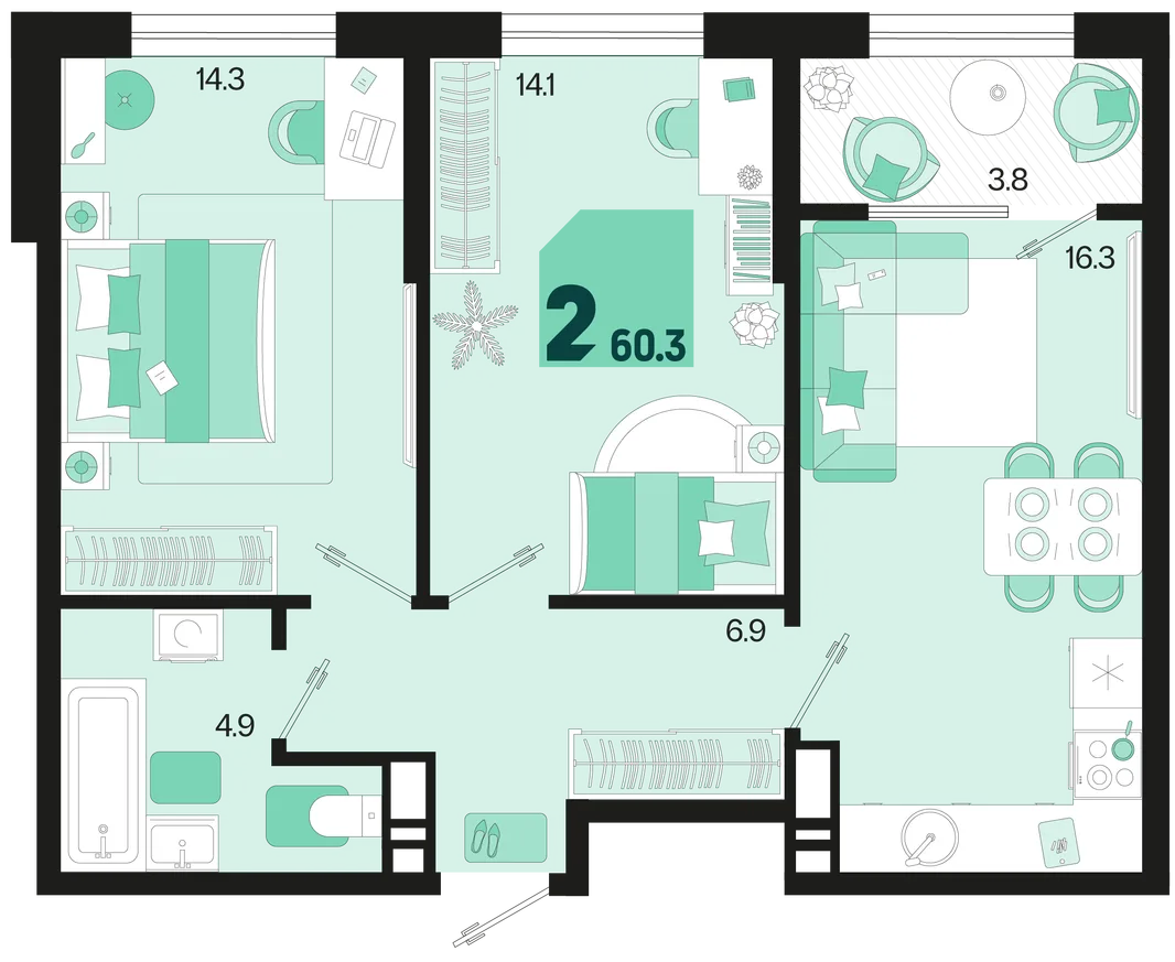Планировка 2-комн. квартира, 60.3 м² ЖК «Первое место»