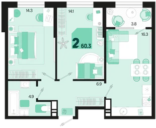 Планировка 2-комн. квартира, 60.3 м² ЖК «Первое место»