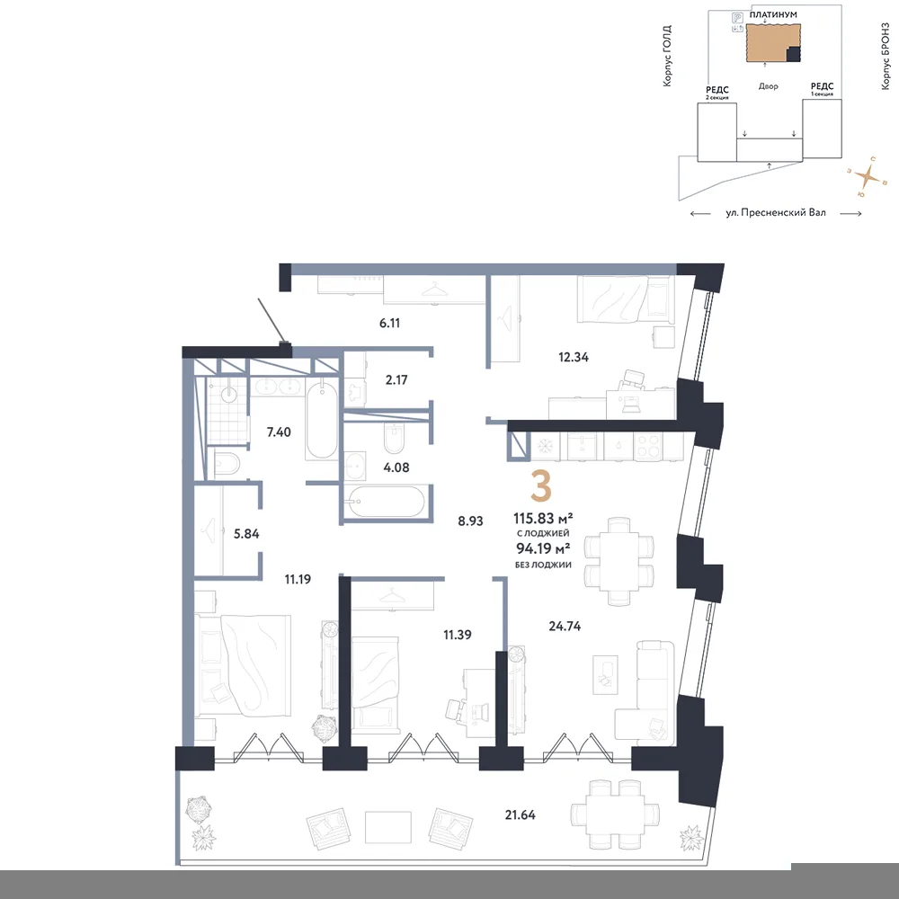 Планировка 3-комн. квартира, 115.83 м² ЖК «Репаблик»