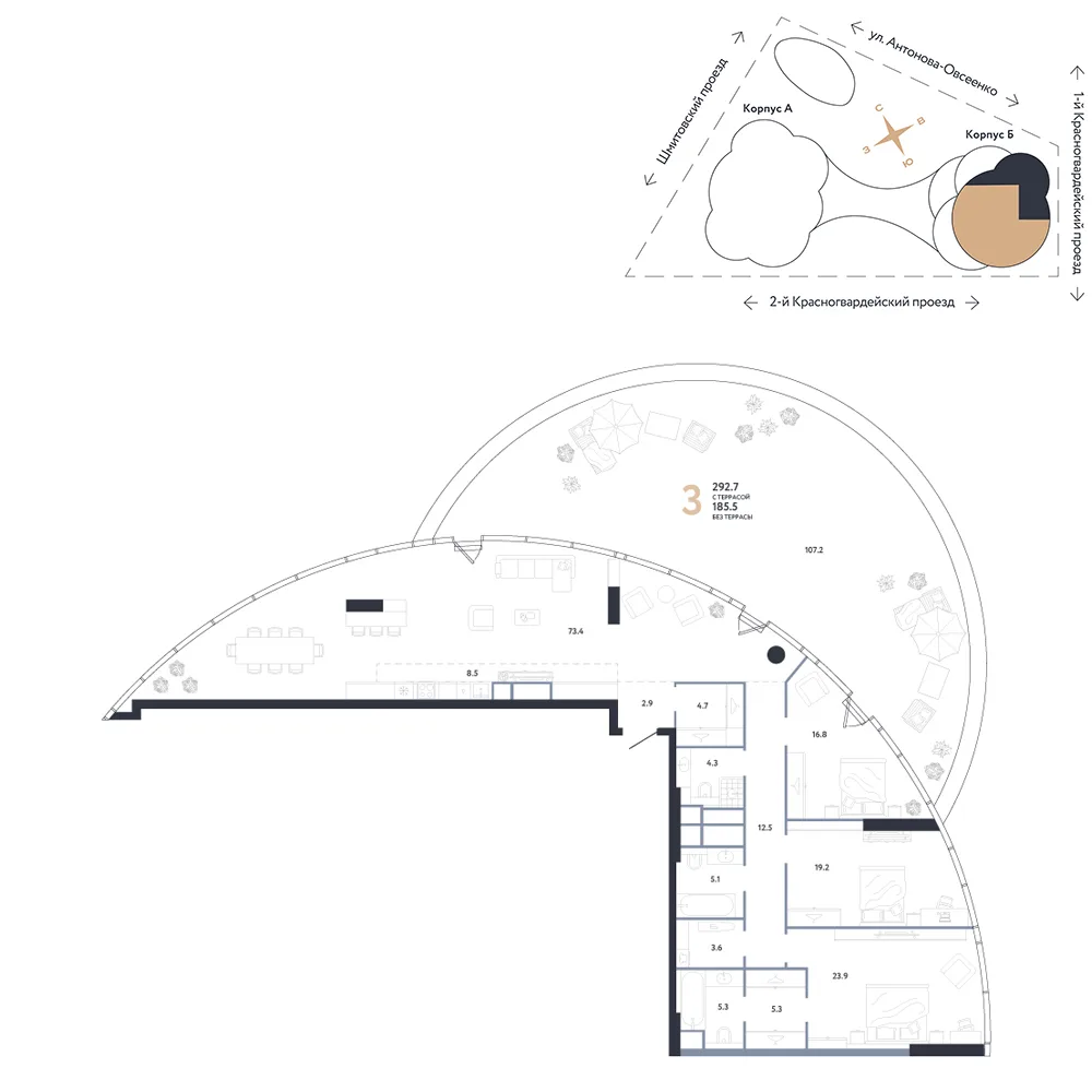 Планировка 3-комн. квартира, 292.7 м² ЖК «АУРУС Резиденции»