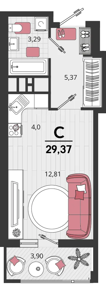 Планировка Студия, 29.37 м² ЖК «Родные просторы»