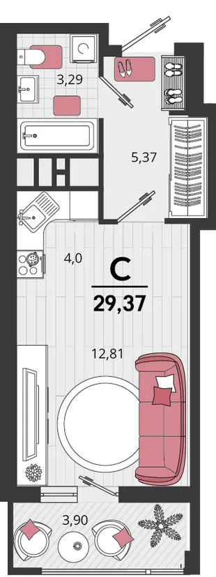 Планировка Студия, 29.37 м² ЖК «Родные просторы»