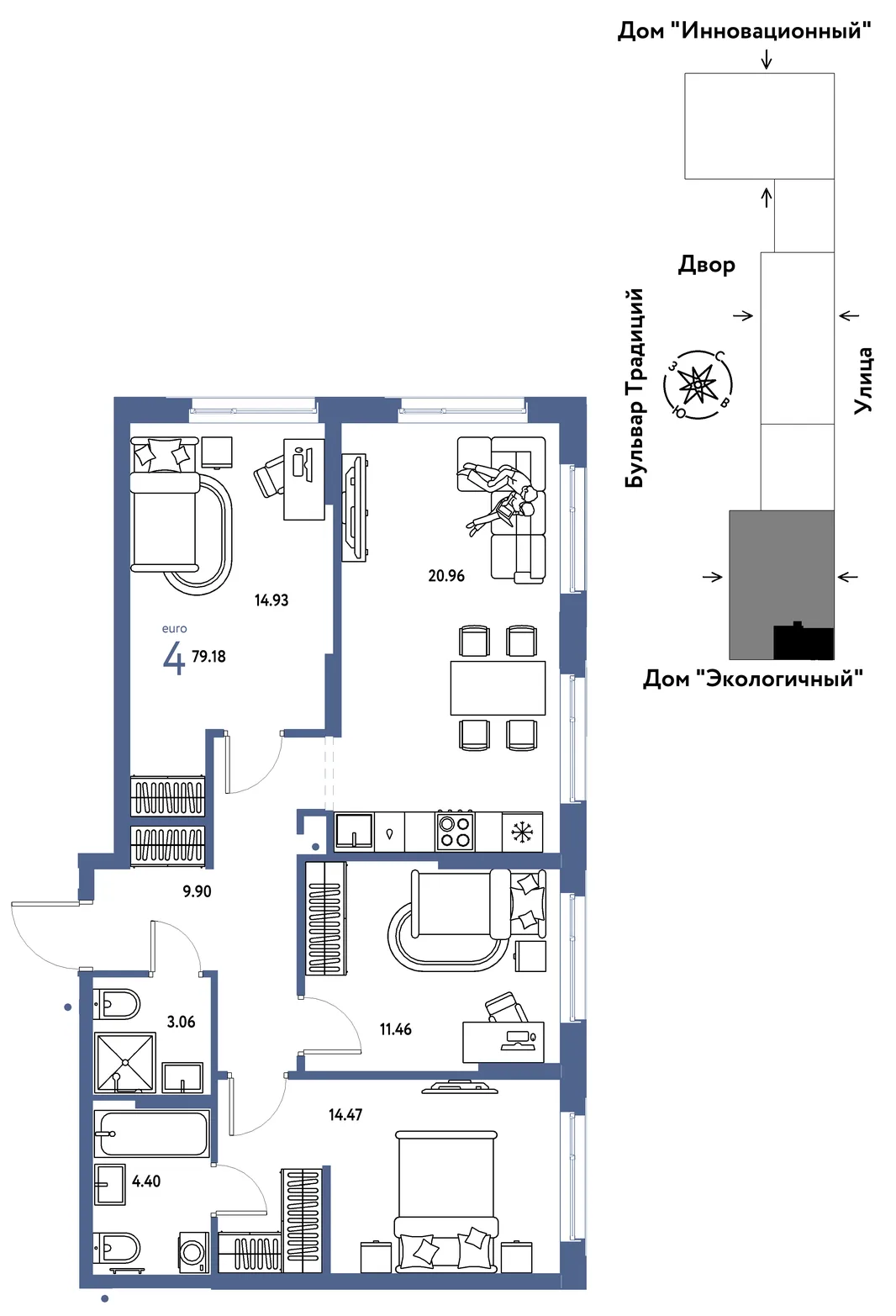 Планировка 4-комн. квартира, 79.18 м² ЖК «Микрорайон Домашний»