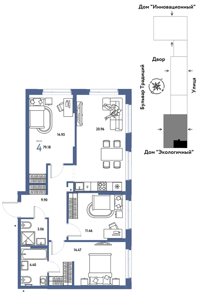 Планировка 4-комн. квартира, 79.18 м² ЖК «Микрорайон Домашний» Планировка 4-комн. квартира, 79.18 м² ЖК «Микрорайон Домашний»
