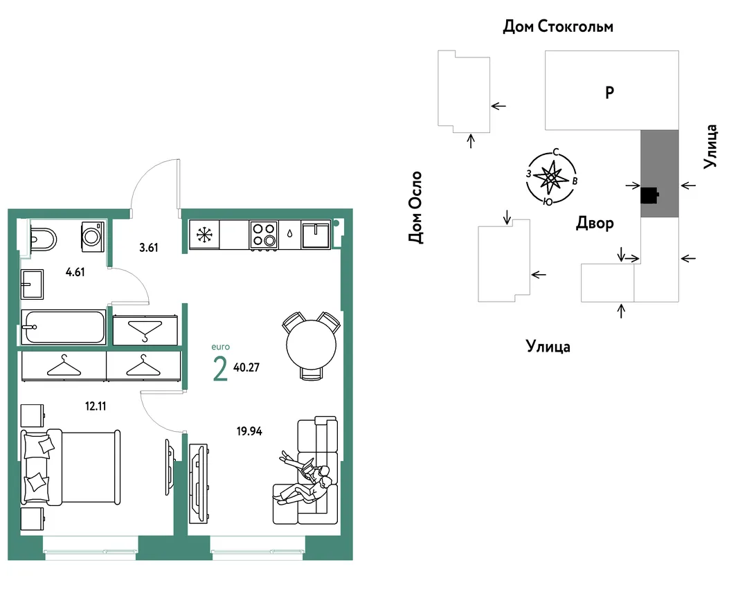 Планировка 2-комн. квартира, 40.27 м² ЖК «Европейский берег 2.0»