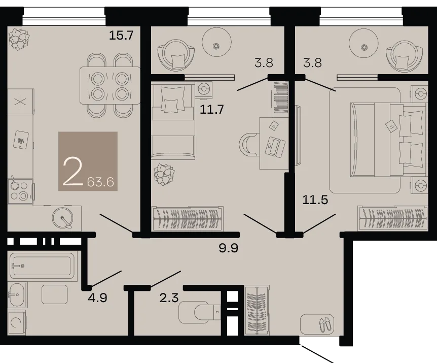 Планировка 2-комн. квартира, 63.6 м² ЖК «Хозяин морей»