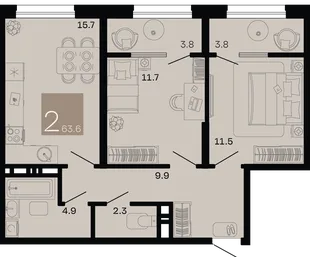 Планировка 2-комн. квартира, 63.6 м² ЖК «Хозяин морей»