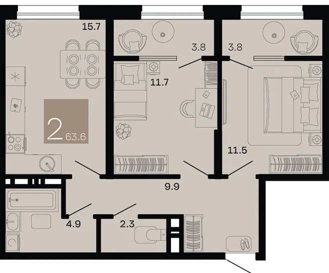 Планировка 2-комн. квартира, 63.6 м² ЖК «Хозяин морей» Планировка 2-комн. квартира, 63.6 м² ЖК «Хозяин морей»