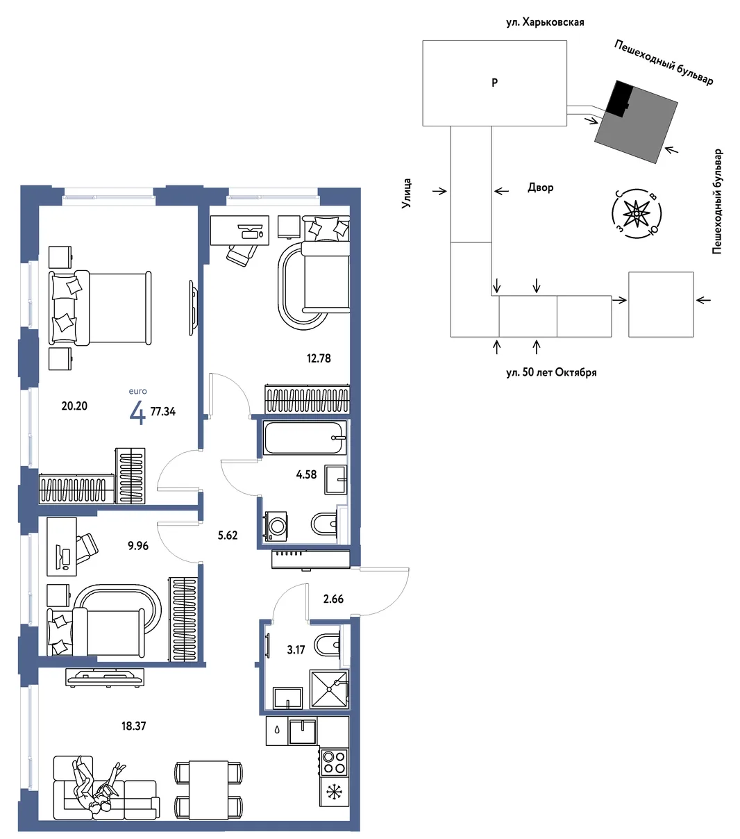 Планировка 4-комн. квартира, 77.34 м² ЖК «Сердце Сибири»