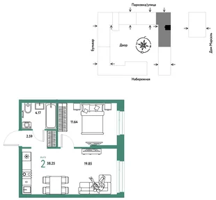 Планировка 2-комн. квартира, 38.25 м² ЖК «Европейский берег 2.0»