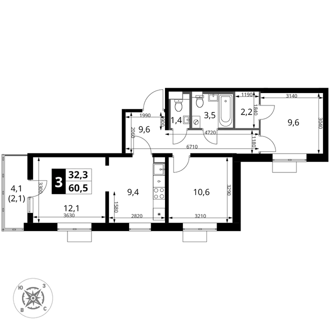 Планировка 3-комн. квартира, 60.5 м² ЖК «1-й Шереметьевский» Планировка 3-комн. квартира, 60.5 м² ЖК «1-й Шереметьевский»